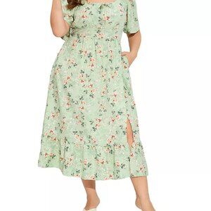 Women's Plus Size Square Neck Floral Print Dress Ruffle Sleeve Tie